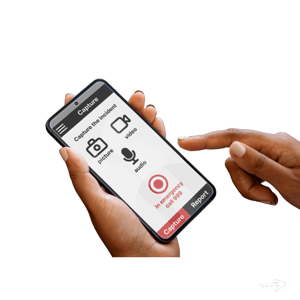 An image of a phone in someone's hands. The phone screen shows the audio and visual capturing page of the Start Safe Stay Safe app.